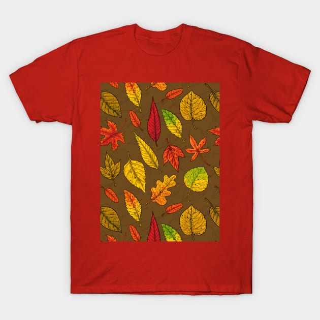 Autumn leaves on brown T-Shirt by katerinamk